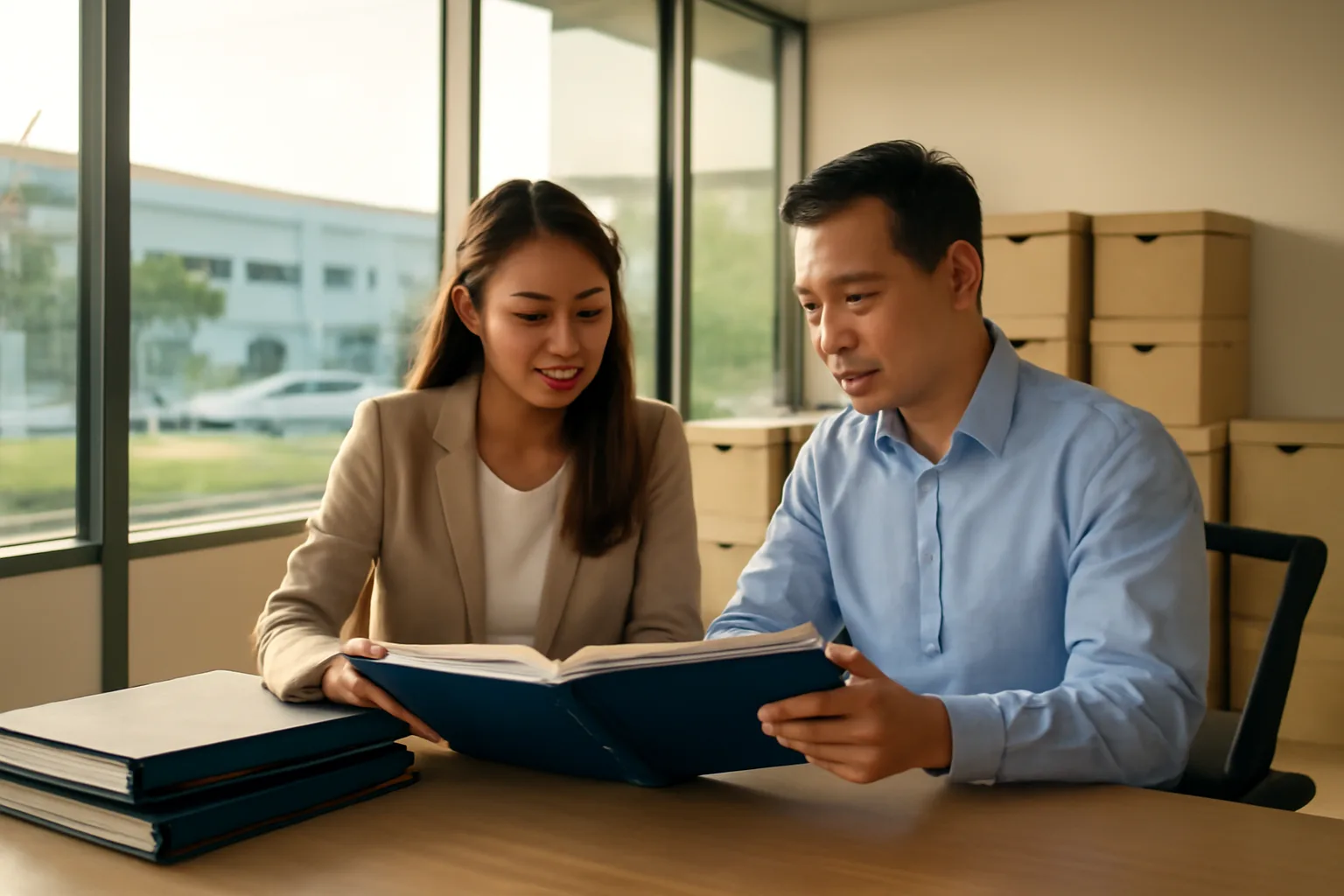 Audit senior and plant finance lead reviewing binders in a glass meeting room at an industrial park
