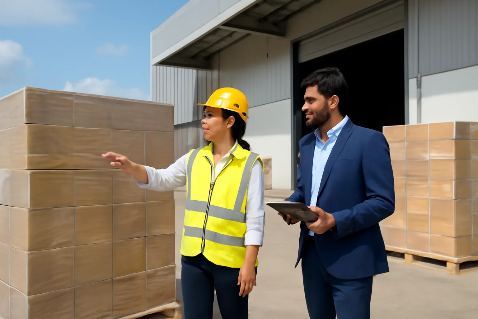 Warehouse supervisor and foreign buyer inspecting pallets ready for export in a bright loading bay