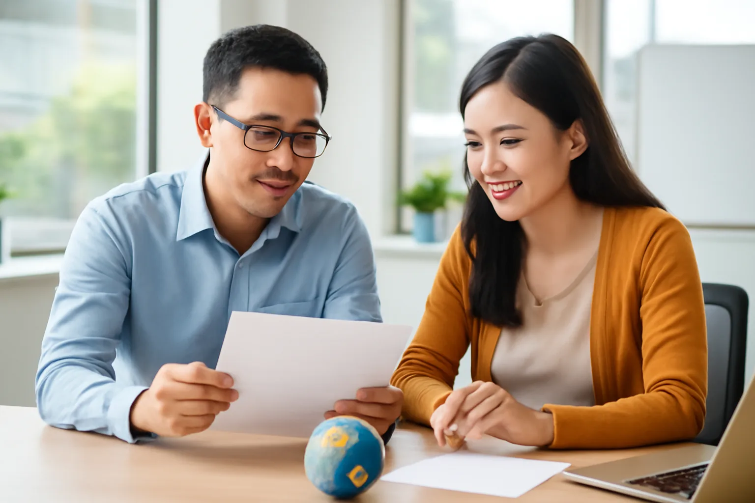 Software team lead and accountant reviewing an overseas client contract in a bright co-working space