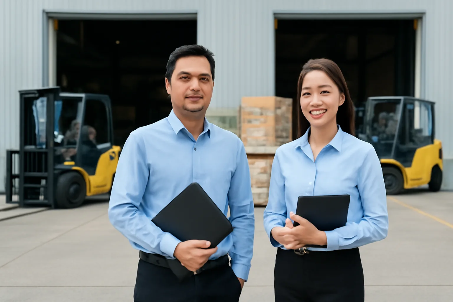 Accounts payable supervisor and plant controller talking at a warehouse loading bay