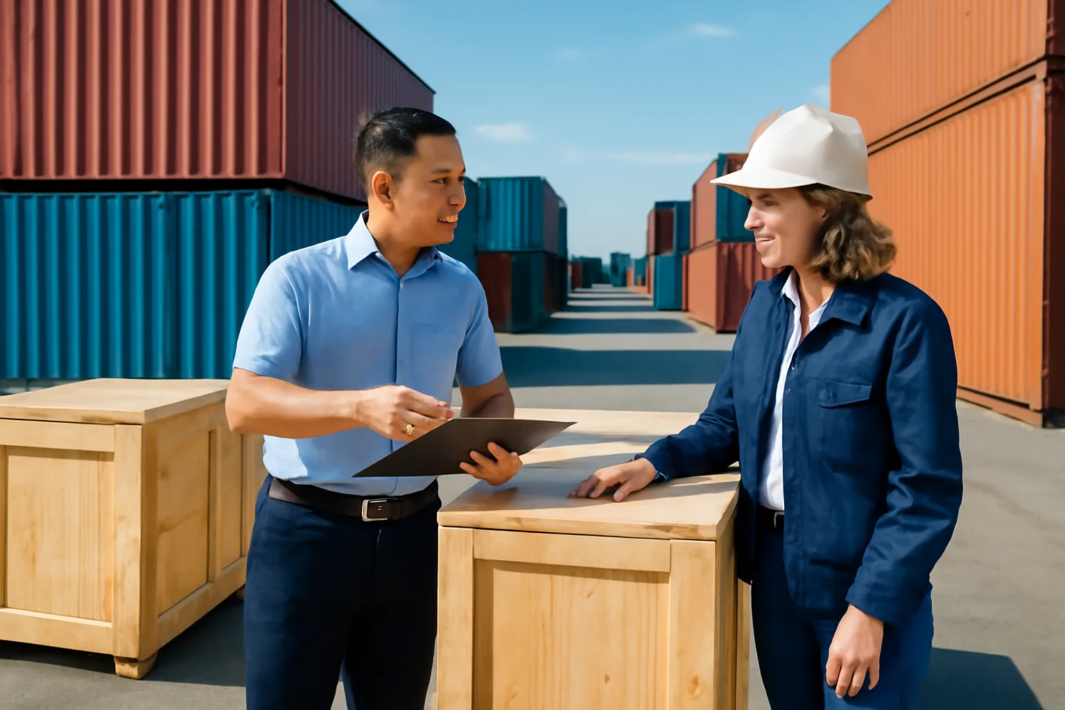Import coordinator and foreign engineer inspecting newly delivered machinery crates at a port warehouse