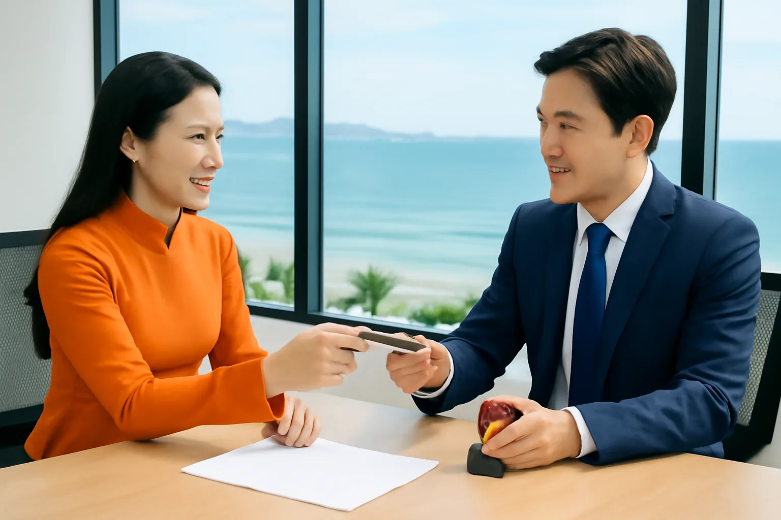 Hai bàn tay trao bút và con dấu công ty qua bàn họp trong văn phòng ở Đà Nẵng